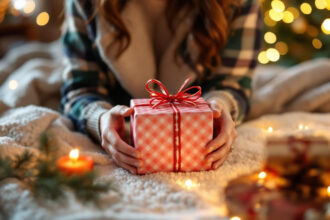 Cadeau personnalisé entouré d'une ambiance festive et chaleureuse