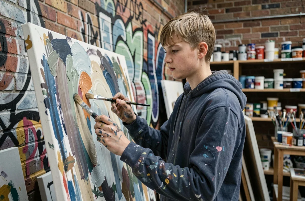 Adolescent en train de peindre une grande toile dans un espace d'art urbain, activité créative alternative aux écrans