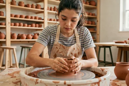 Adolescente concentrée qui façonne un pot en argile dans un atelier de poterie, loin des écrans