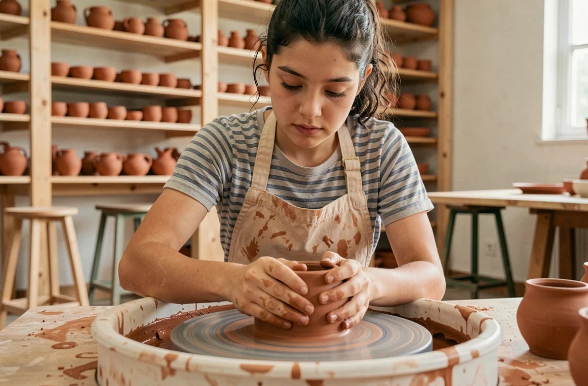 Adolescente concentrée qui façonne un pot en argile dans un atelier de poterie, loin des écrans