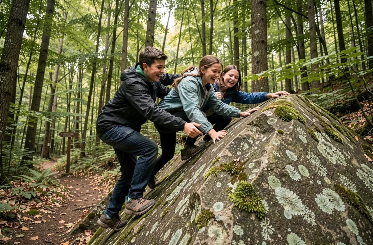 Groupe d'adolescents qui escaladent un rocher en forêt lors d'une randonnée, activité nature loin des écrans