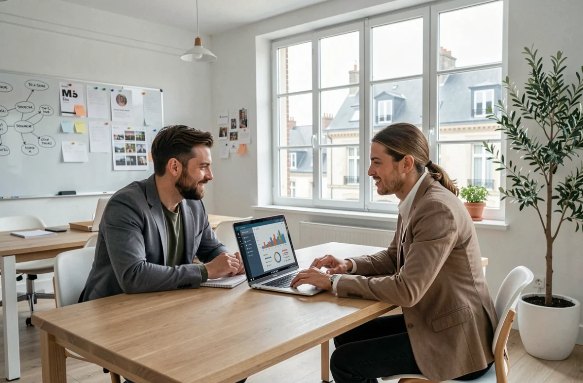 Équipe d'agence de stratégie vidéo et communication digitale travaillant dans un bureau breton