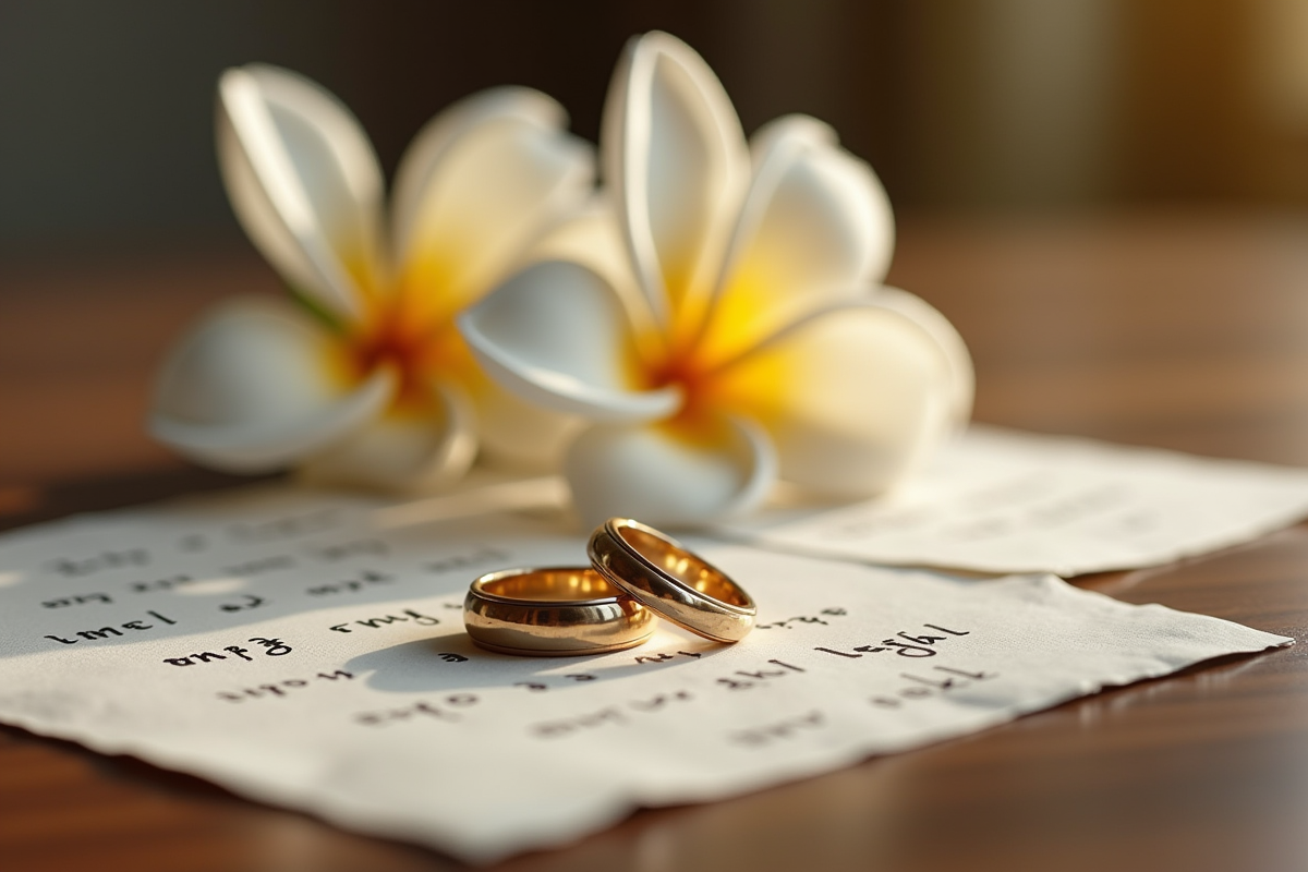 Alliances de mariage sur une table en bois avec notes et fleur