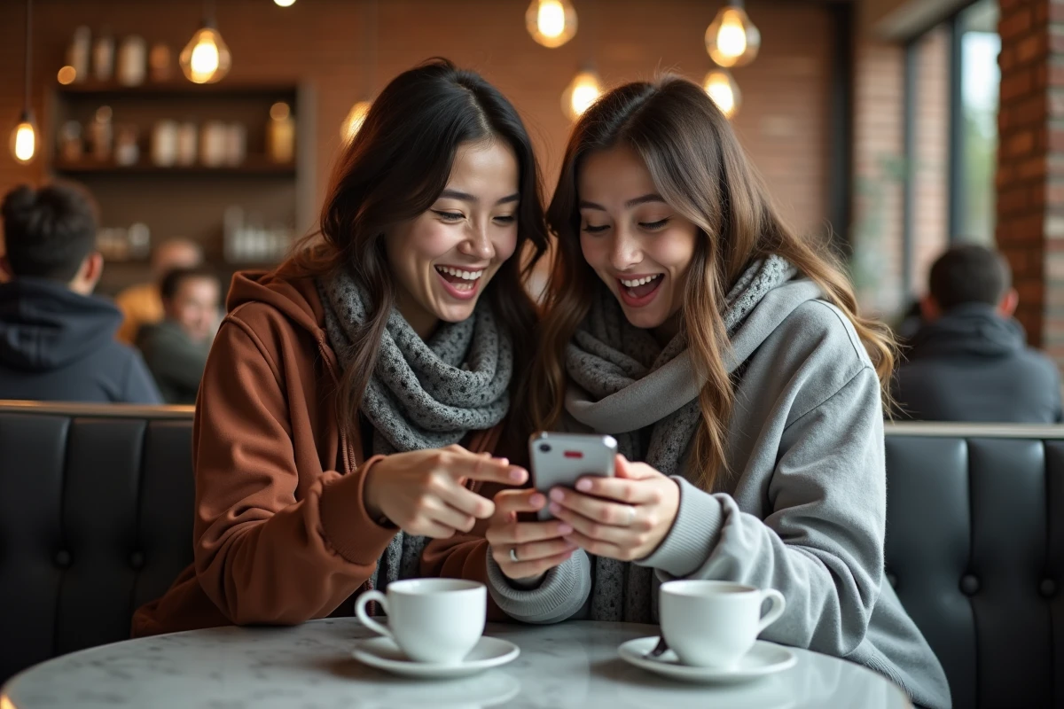 Deux amies découvrant ensemble un scan yaoi sur smartphone dans un café urbain