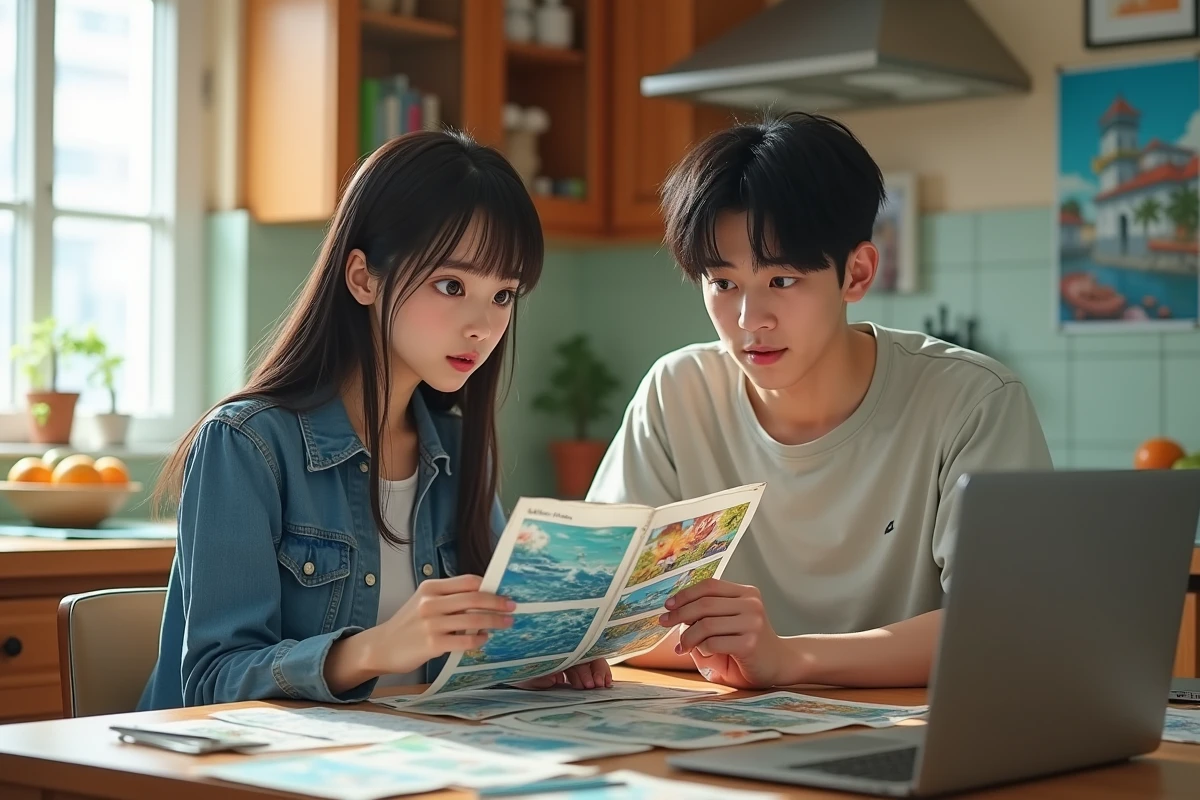 Deux amis discutant manga dans une cuisine chaleureuse