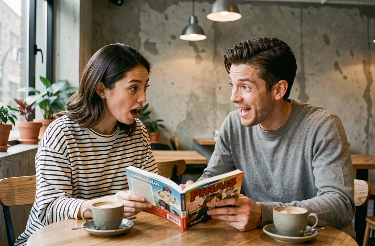 Deux amis discutant du scan One Piece 1127 dans un café autour d'un volume manga ouvert