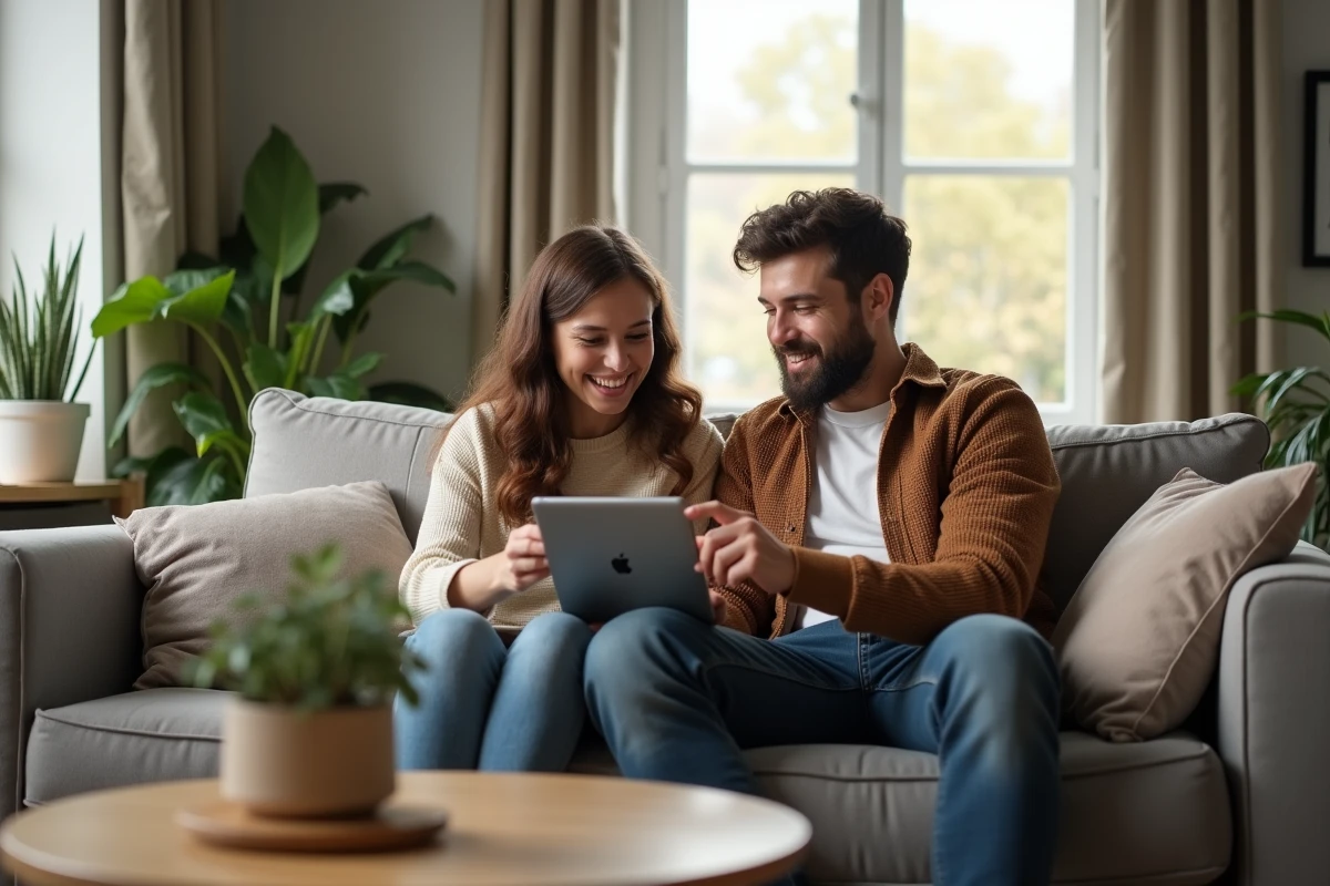 Deux amis jouant ensemble à Cemantix sur une tablette dans un salon confortable, débattant entre indices et solution directe