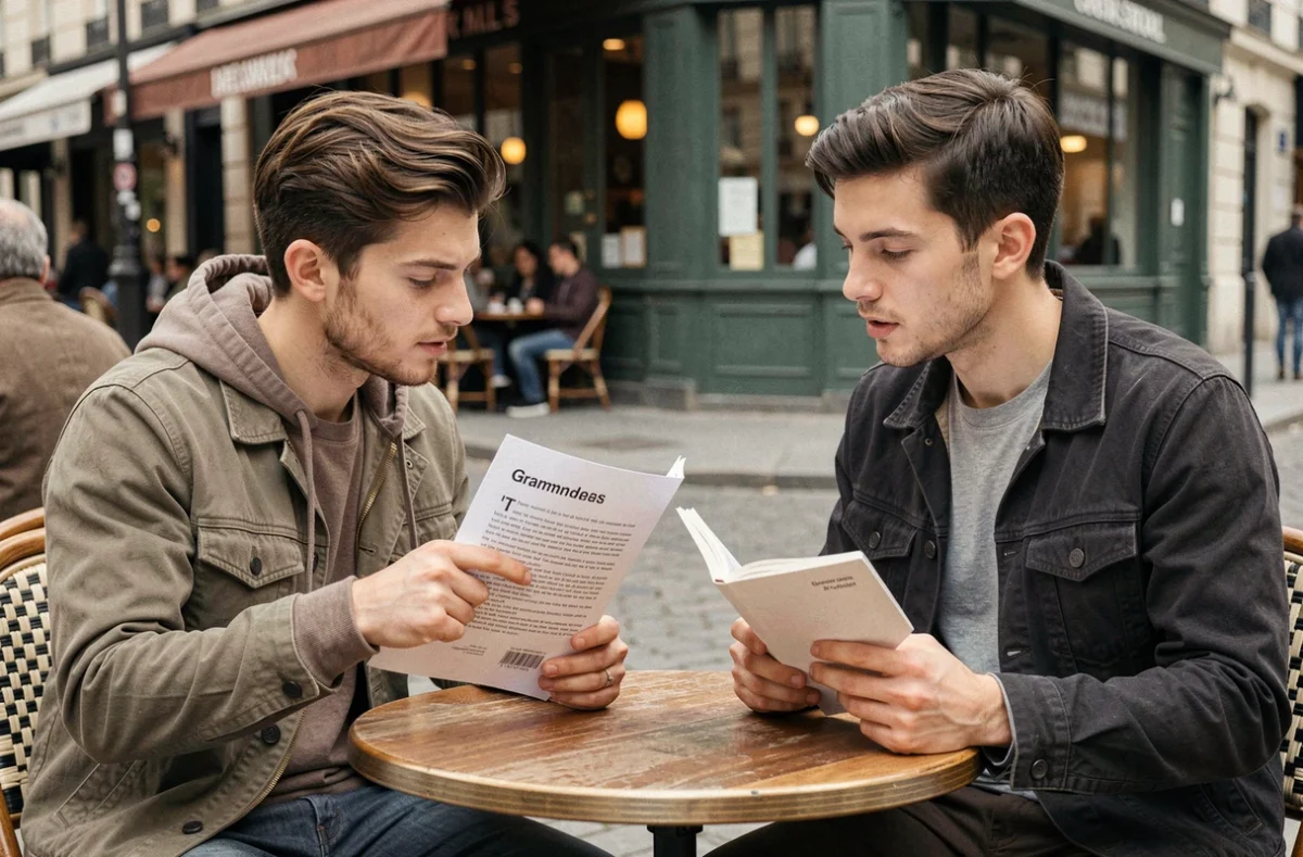 Deux amis révisant ensemble le futur et le conditionnel français autour d'un guide de grammaire dans un café parisien