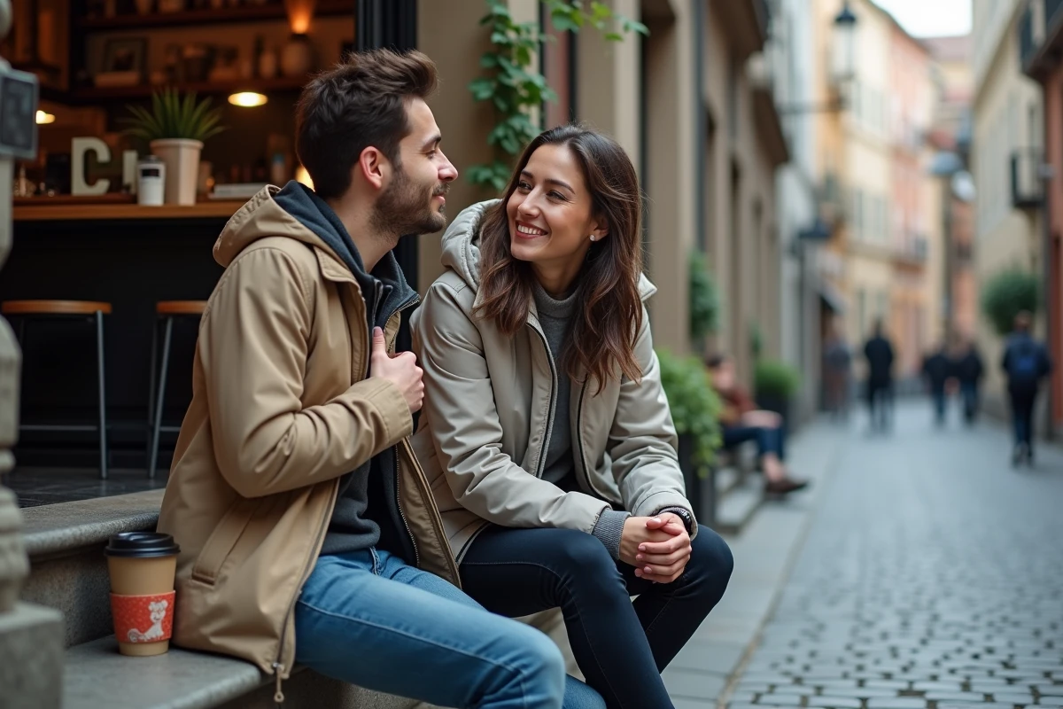 Deux amis assis sur des marches en pierre devant un café, la femme émue la main sur le cœur exprimant une gratitude sincère à son ami, scène d'amitié touchante en ville
