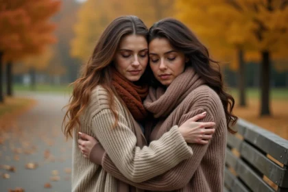 Deux amies s'enlaçant avec émotion dans un parc en automne, une larme sur la joue, exprimant une amitié sincère et un merci du fond du cœur