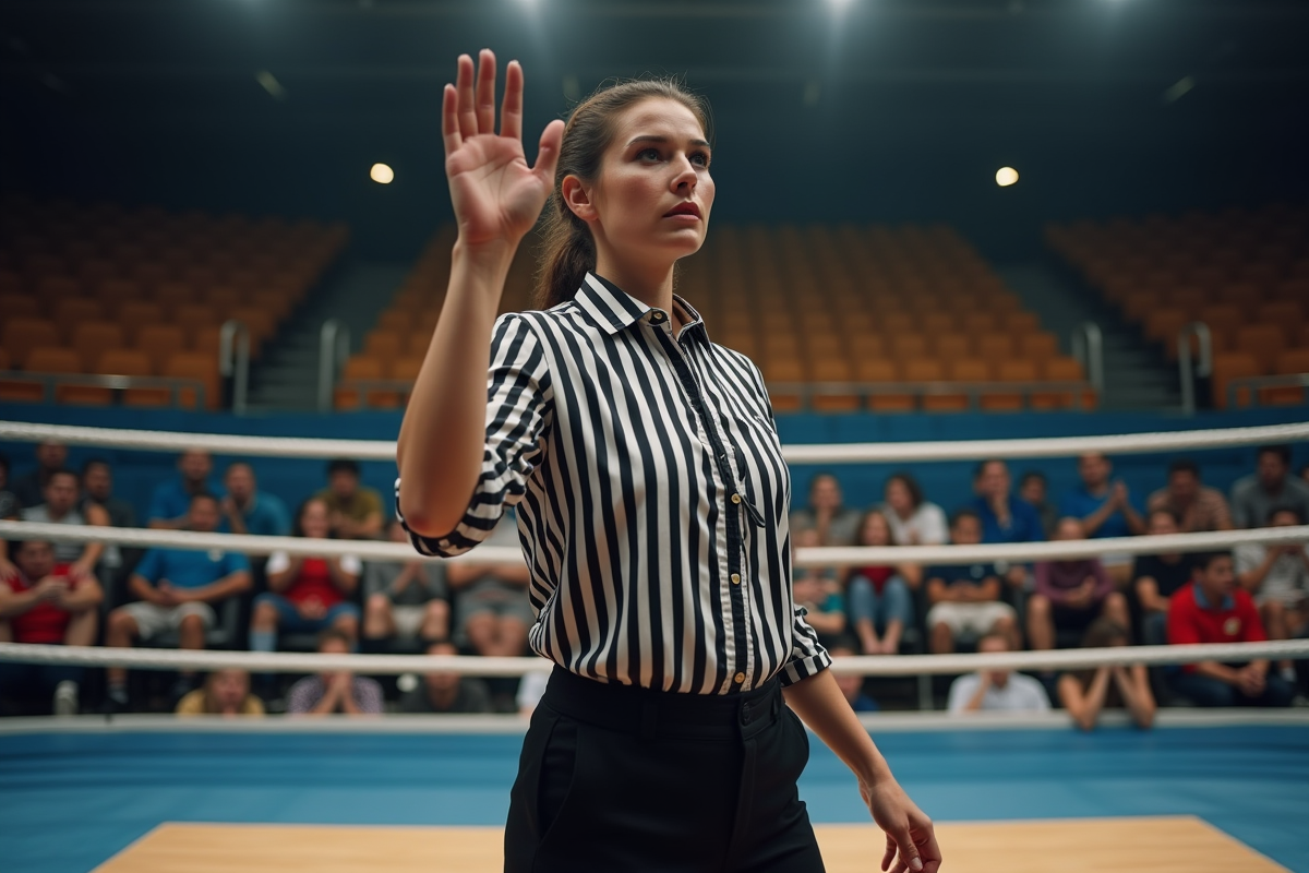 Arbitre féminine en uniforme signale une pause en boxe