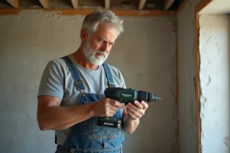 Artisan en salopette examinant un outil oscillant sans fil dans une salle de bain en cours de rénovation