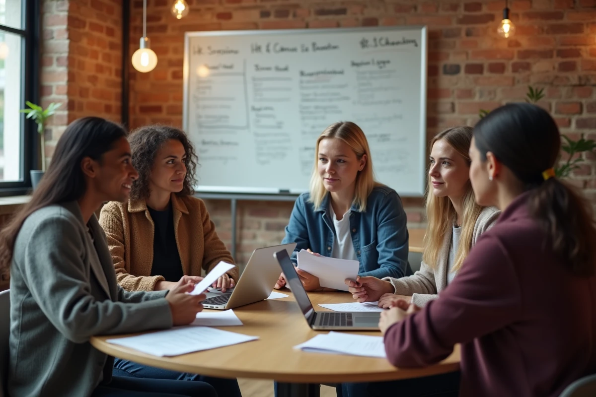 Groupe de professionnels en atelier RH autour d'une table dans un espace de coworking moderne