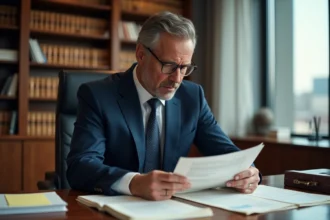 Avocat en costume marine analysant des contrats juridiques dans un bureau professionnel avec bibliothèque de droit
