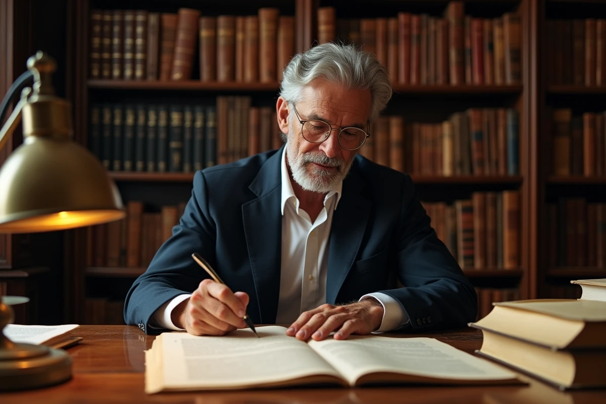 Avocat consultant un Code civil annoté dans une bibliothèque juridique parisienne traditionnelle