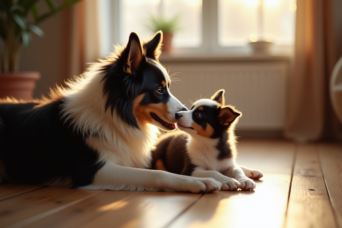 Chien border collie adulte caressant un chiot dans une pièce chaleureuse