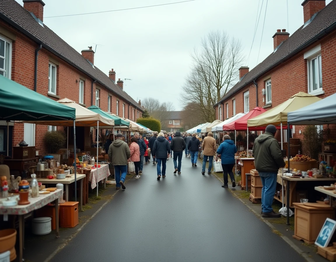 Vue grand angle d'une braderie de quartier dans le Nord avec habitants vendant meubles et objets du quotidien le long d'une avenue résidentielle en briques rouges