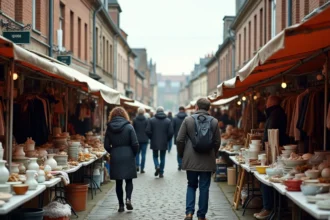 Braderie de rue animée dans une ville du Nord avec des vendeurs et acheteurs autour de tables garnies d'objets vintage et de vêtements d'occasion