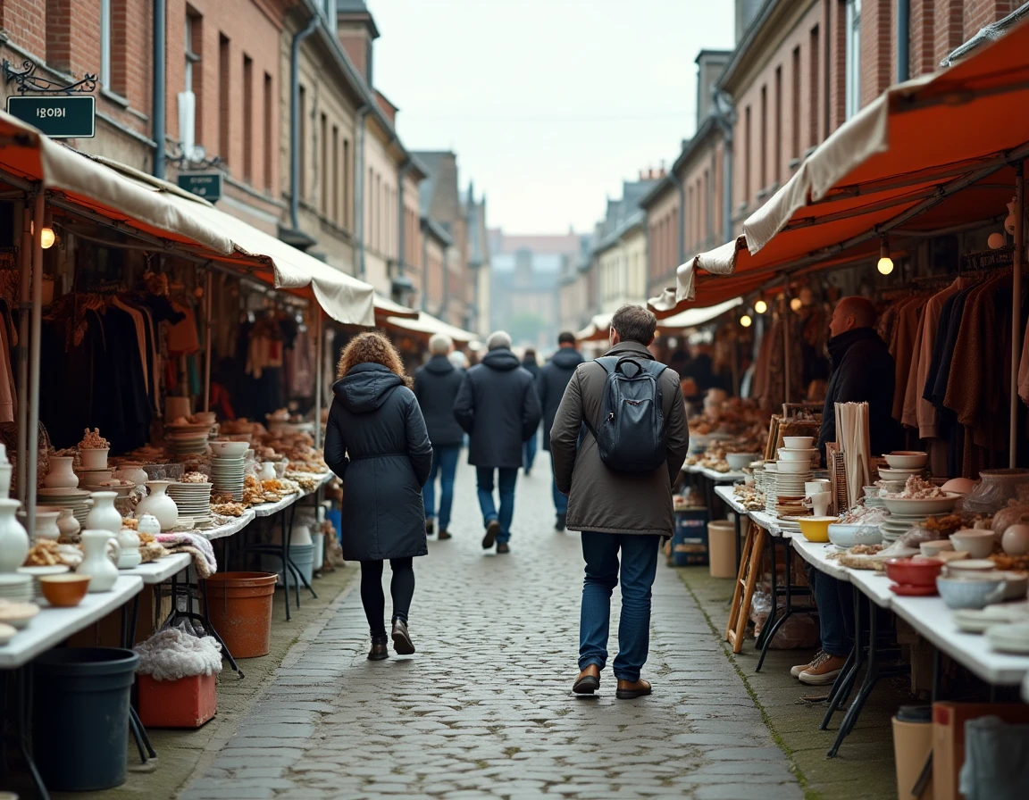 Braderie de rue animée dans une ville du Nord avec des vendeurs et acheteurs autour de tables garnies d'objets vintage et de vêtements d'occasion