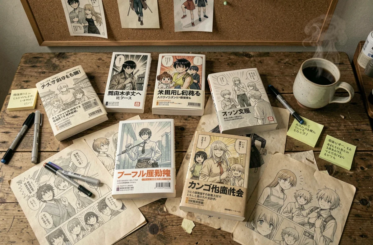 Bureau de fan avec volumes manga, croquis et notes d'analyse sur le chapitre One Piece 1127