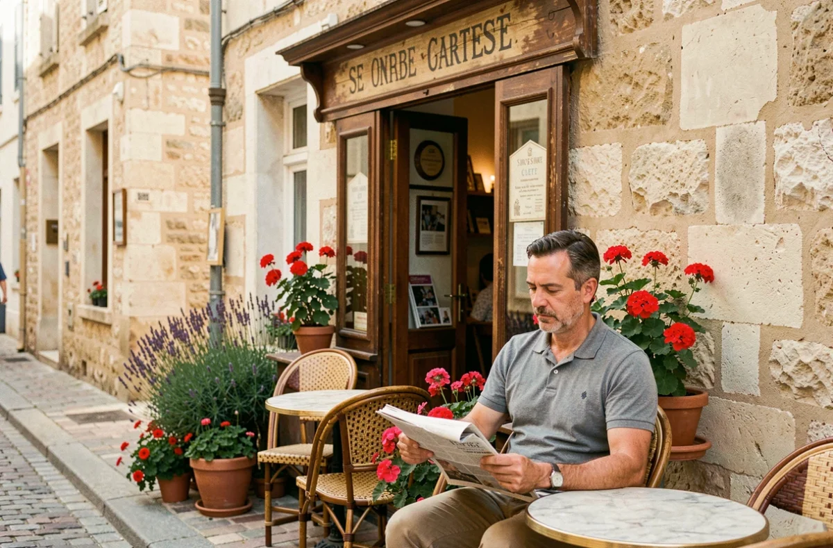 Terrasse de café typique dans les rues de Sète reconnaissable dans la série Demain nous appartient, avec mobilier en osier et façade provençale authentique