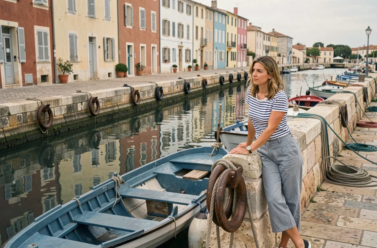 Canal de Sète avec bateaux de pêche amarrés et façades colorées reconnaissables dans les décors de la série télévisée Demain nous appartient
