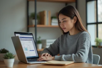 Femme effectuant un changement d'adresse La Poste en ligne depuis son bureau à domicile