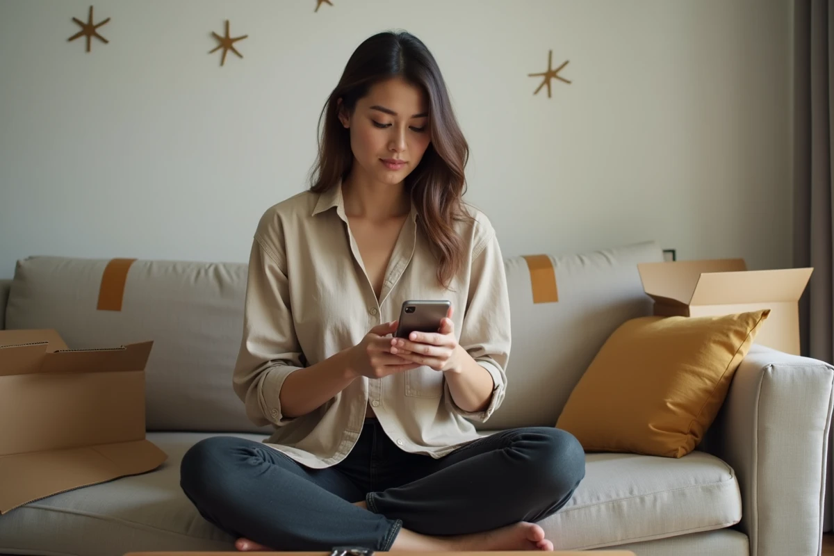 Jeune femme effectuant son changement d'adresse définitive La Poste sur smartphone après un déménagement