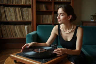 Jeune femme dans un appartement parisien années 60 posant un disque vinyle sur une platine vintage, ambiance nostalgique et rétro