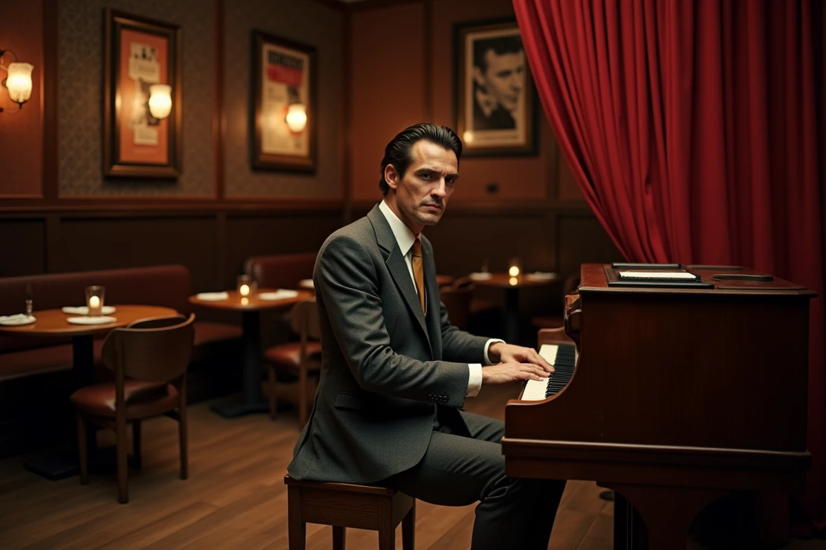 Chanteur français en costume années 60 jouant du piano dans un cabaret au décor rétro avec affiches de spectacles vintage