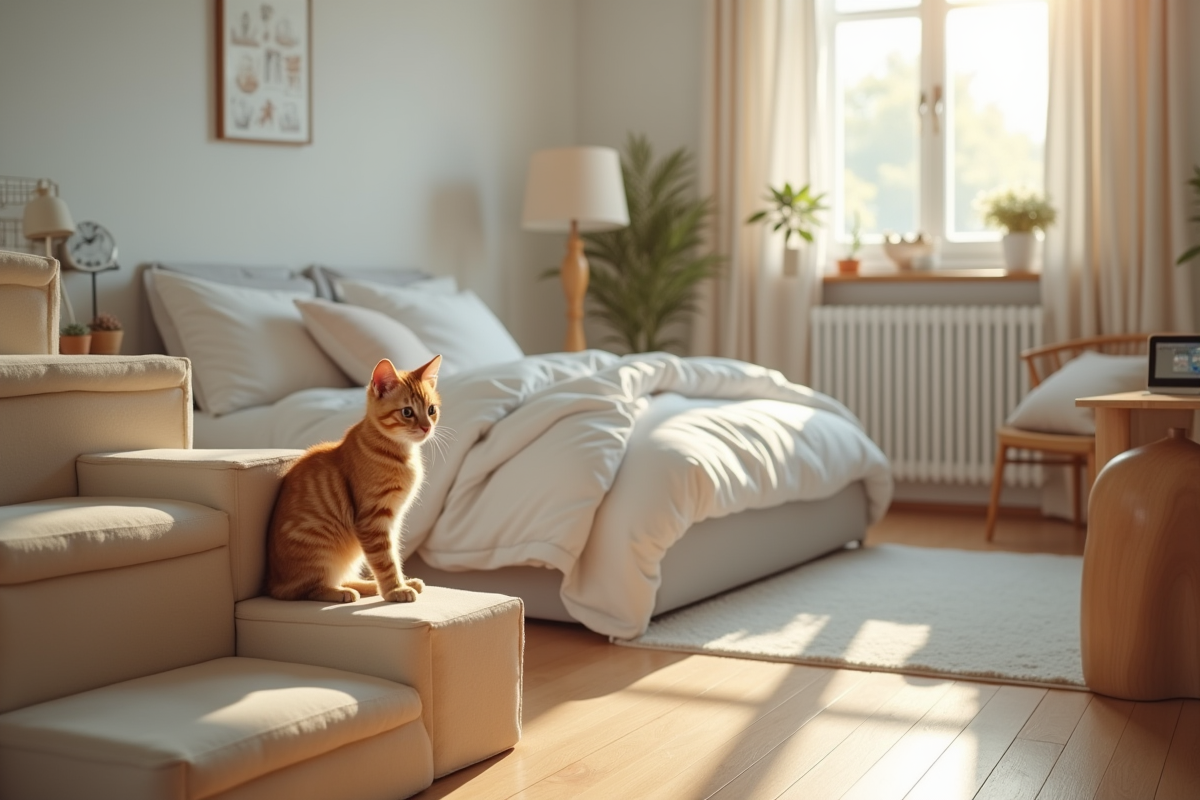 Chat nain sur des escaliers dans une chambre minimaliste