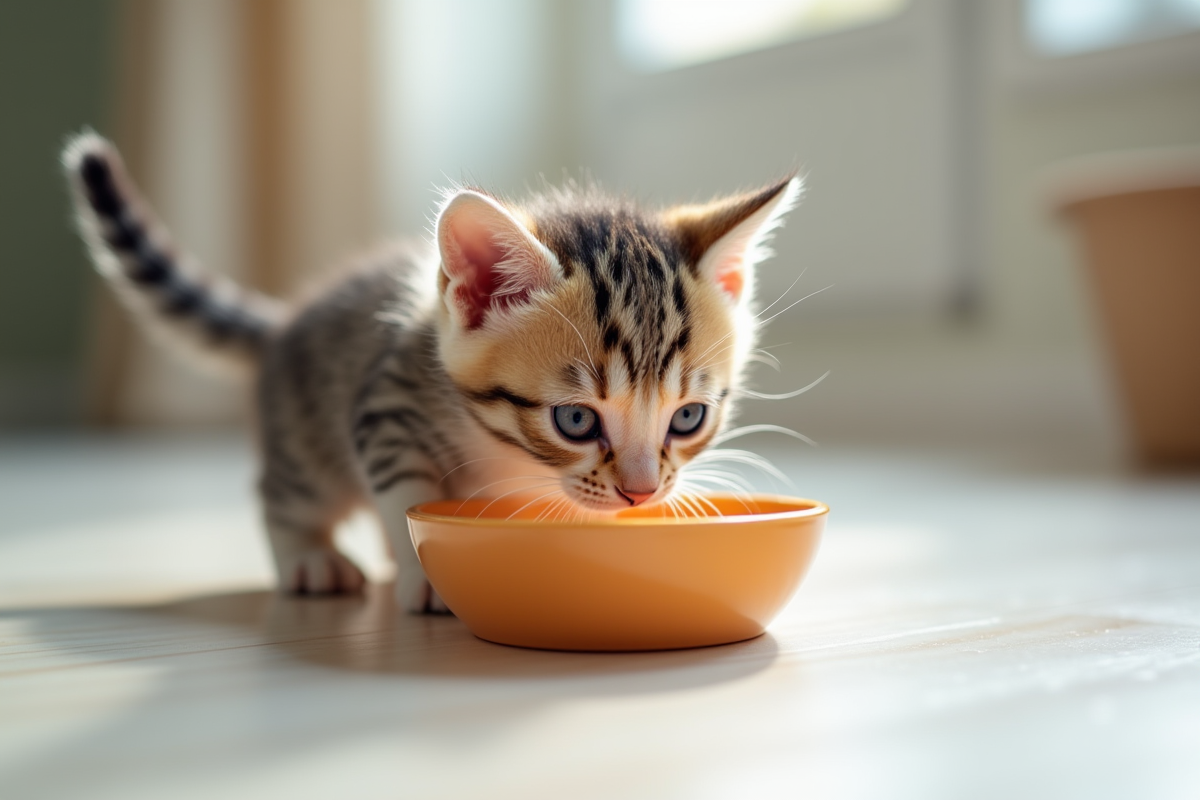 Chaton curieux explorant une gamelle de nourriture humide