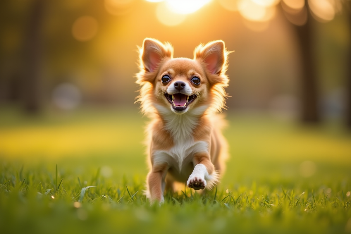 Chihuahua jouant dans un parc ensoleillé lors de l