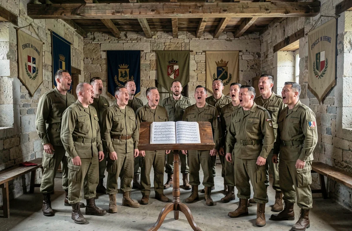 Chorale de soldats français en tenue militaire chantant ensemble dans une salle de caserne historique