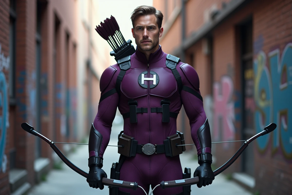 Cosplayer incarnant Clint Barton Hawkeye en costume violet avec arc dans une ruelle urbaine