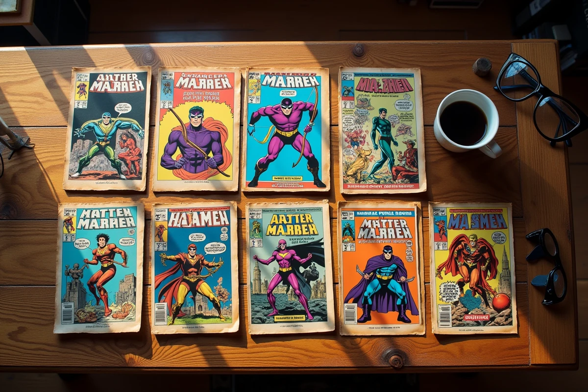 Collection de comics Marvel Hawkeye Clint Barton vintage étalée sur une table en bois de bibliothèque