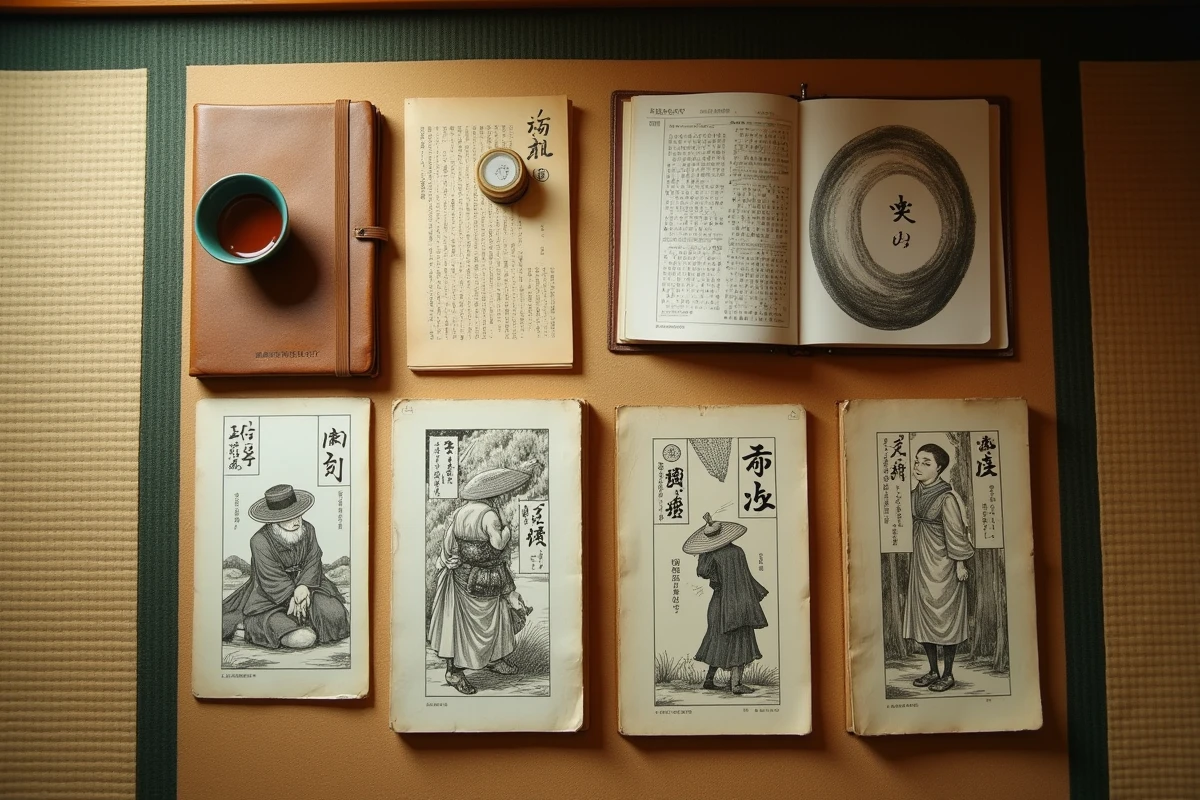 Vue aérienne d'une collection de mangas fondateurs japonais des années 1940 à 1980 disposés sur un tatami avec encre et carnet de notes