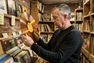 Collectionneur de disques vinyles examinant un vinyle rare dans une boutique de disques vintage remplie de caisses en bois