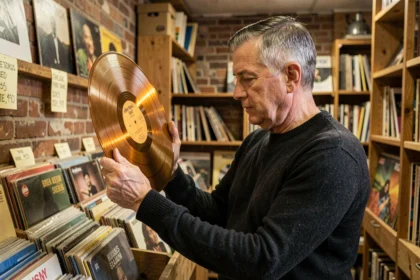Collectionneur de disques vinyles examinant un vinyle rare dans une boutique de disques vintage remplie de caisses en bois
