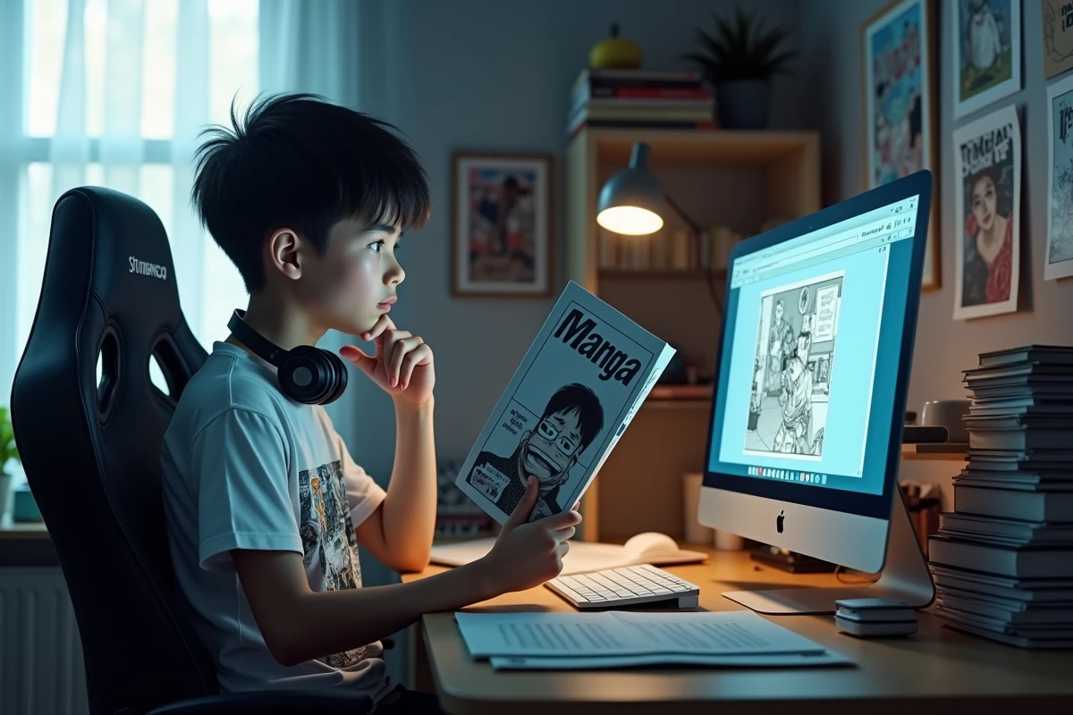 Adolescent comparant un manga physique avec une version numérique sur écran d'ordinateur dans une chambre d'étudiant