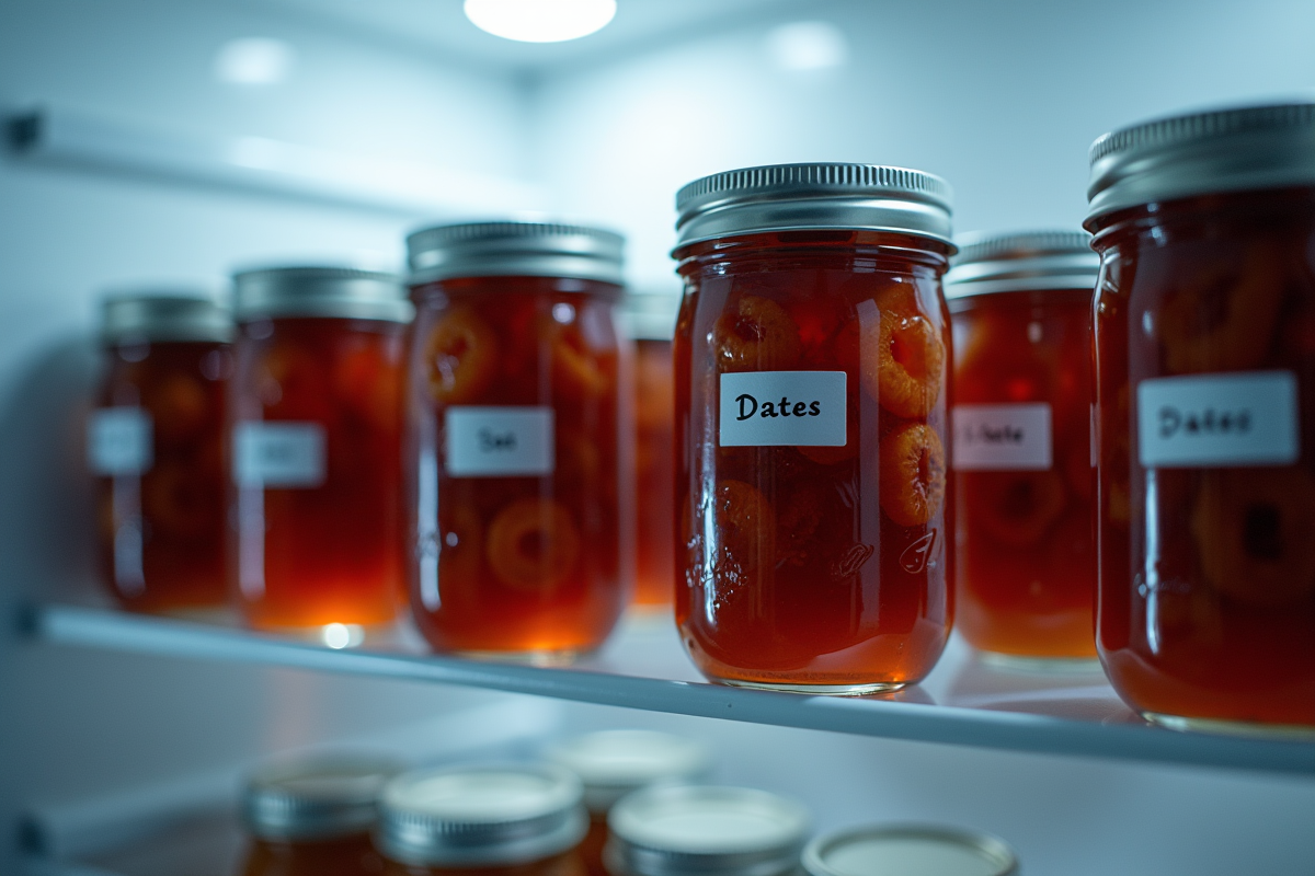 Bocaux de compote maison étiquetés dans une étagère de réfrigérateur