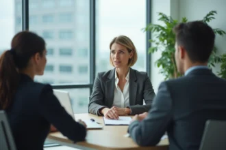 Consultante RH en réunion avec des responsables d'entreprise dans une salle de conférence moderne
