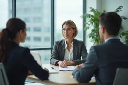 Consultante RH en réunion avec des responsables d'entreprise dans une salle de conférence moderne