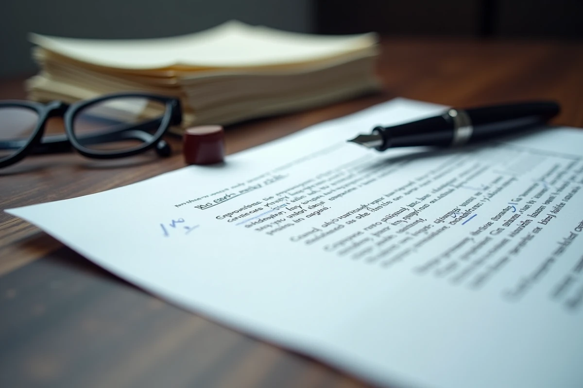 Gros plan sur un contrat juridique annoté avec stylo plume sur bureau en chêne, symbolisant la caducité d'un accord