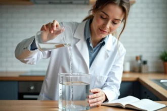 Femme en blouse blanche versant de l'eau d'un récipient d'un litre dans un cube transparent de 10 cm de côté pour illustrer la conversion cm cube en litre