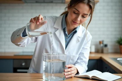 Femme en blouse blanche versant de l'eau d'un récipient d'un litre dans un cube transparent de 10 cm de côté pour illustrer la conversion cm cube en litre