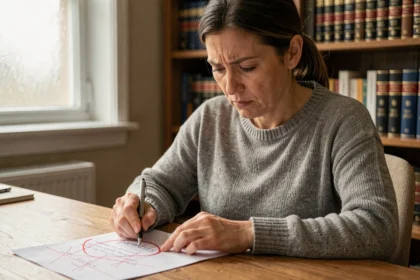 Femme corrigeant une faute d'orthographe 'parentses' sur un document manuscrit avec un stylo rouge dans un bureau à domicile