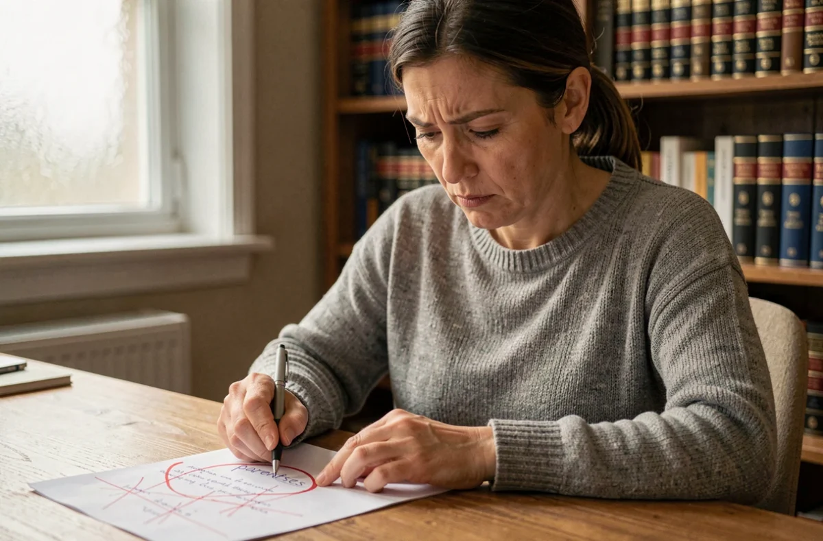 Femme corrigeant une faute d'orthographe 'parentses' sur un document manuscrit avec un stylo rouge dans un bureau à domicile