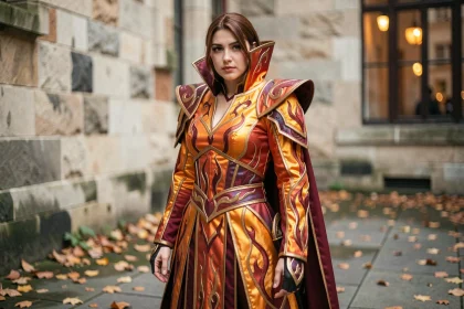 Cosplayeur en costume évoquant des flammes fantasmagoriques avec détails iridescents orangés et cramoisis, photographié en extérieur dans une cour en pierre