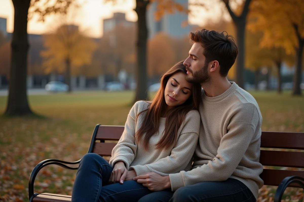 Couple assis sur un banc dans un parc automnal, main dans la main, regard pensif évoquant le doute et l'amour
